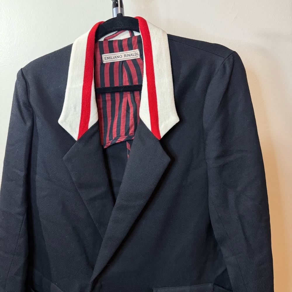 Emilio Renaldi Black Trench Coat with Red and White Details - Picture 2 of 16